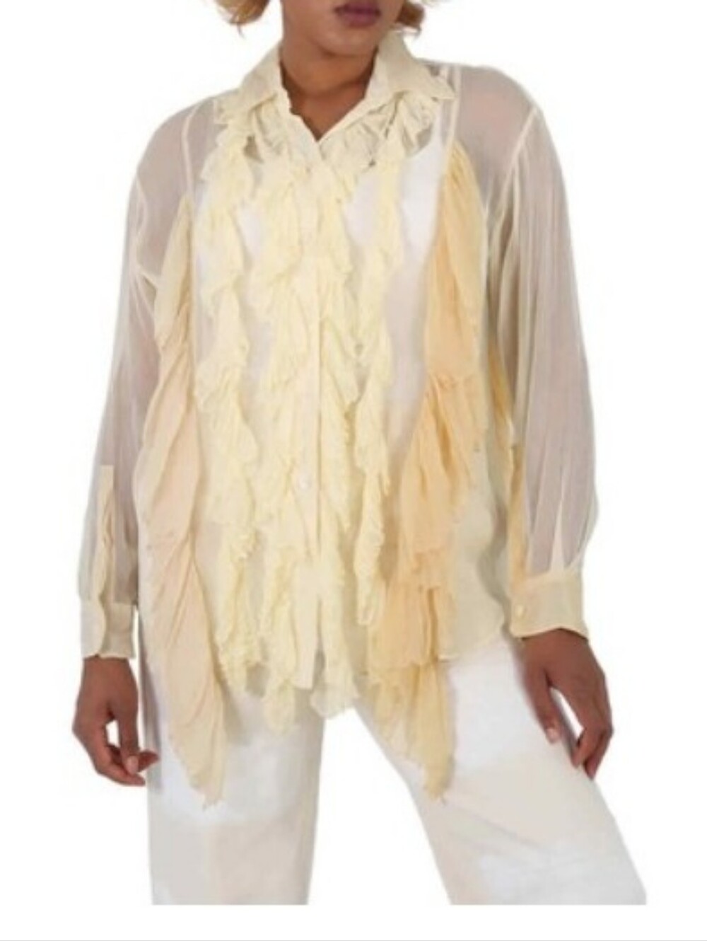 Burberry Cream Multicolor Ruffle Crepe Blouse